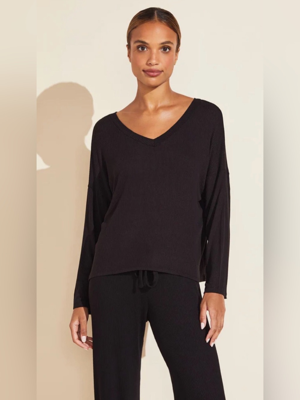 Eberjey Black Elon Relaxed Rib Pullover and Pant Set Size XL